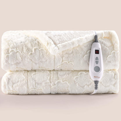 Bearhug Electric Blanket King Size 100" x 90", Dual Controller Heated Blanket, White Flower Patterns Faux Fur & Warm Sherpa, 10-Heat Levels & 1-12H Auto Off,ETL, Machine Washable