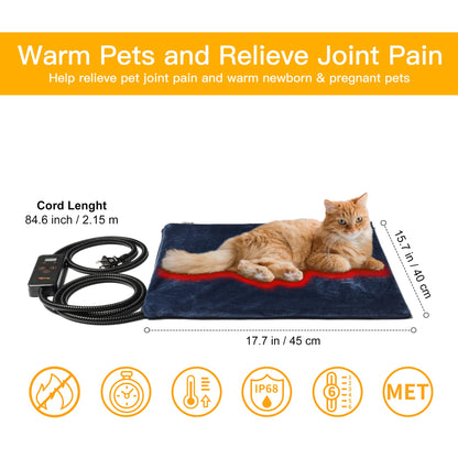 Toozey Small Pet Heating Pad, 6 Adjustable Temperature Dog Cat Heating Pad with Timer, Waterproof Heated Cat Bed with Chew Resistant Cord, Indoor Electric Pet Heated Mat 18x16in