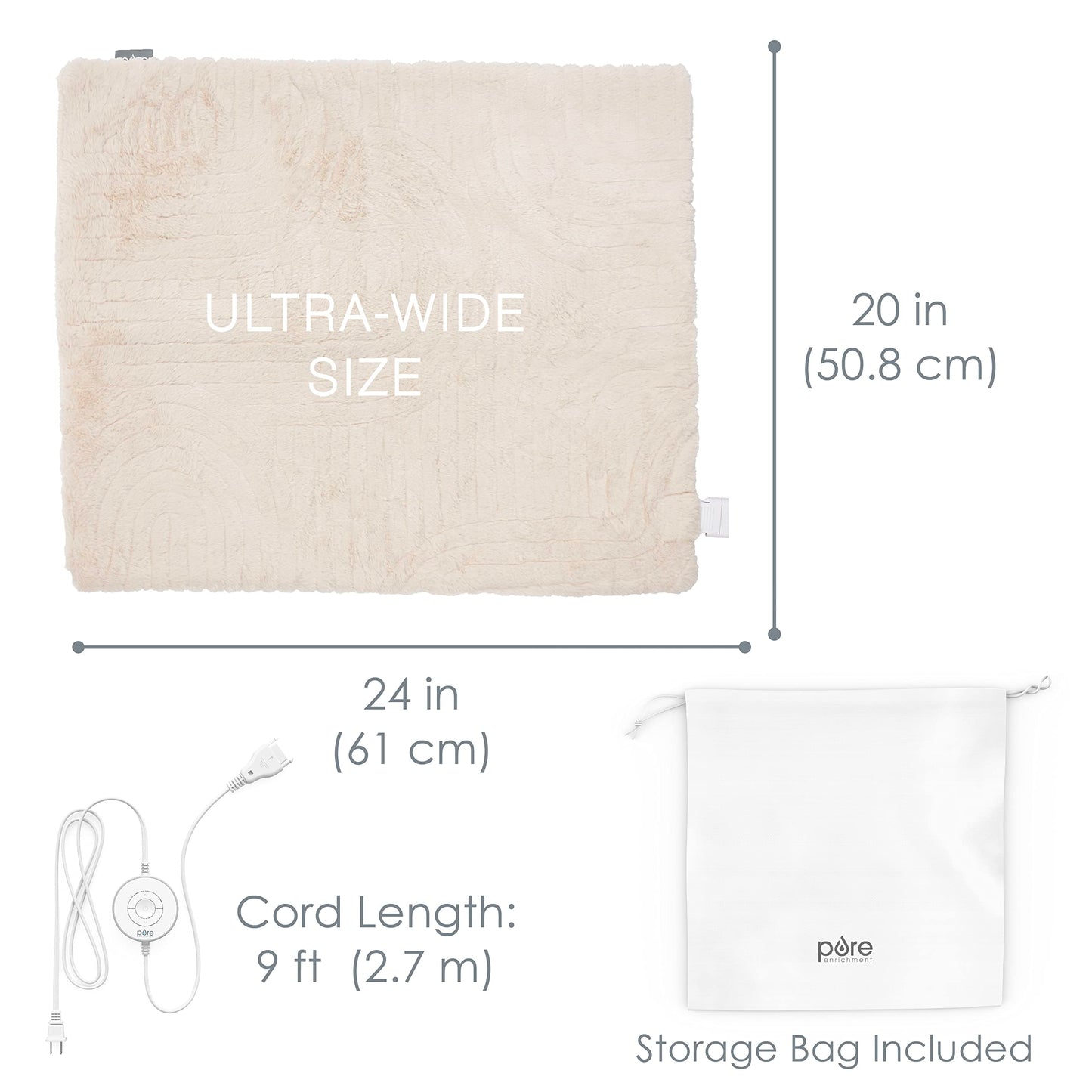 Pure Enrichment PureRadiance Luxury Heating Pad for Cramps, Back, Neck, & Shoulder Pain Relief, Patented Design, Soft Faux Fur & Micromink, 6 Heat Settings, Machine Washable, 12”x24”(Cloud)