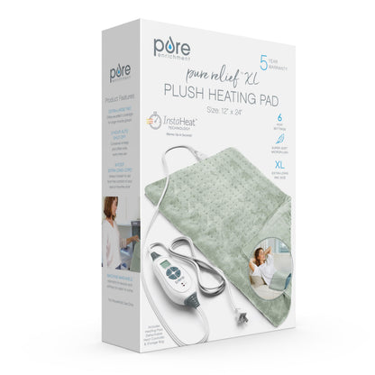 Pure Enrichment PureRelief XL Heating Pad - 12" x 24" Electric Heating Pad for Back Pain & Cramps, 6 Heat Settings, FSA/HSA Eligible, Soft Machine Wash Fabric, Auto-Off & Moist Heat (Zen Green)