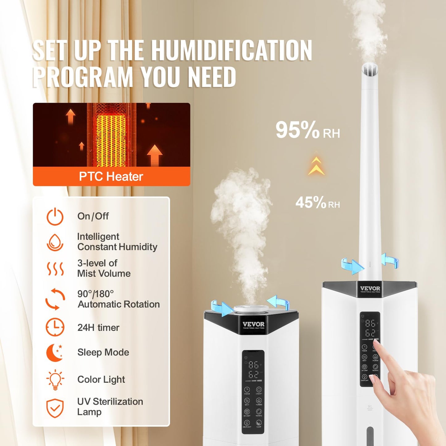 VEVOR Humidifier for Home Large Room, Commercial Humidifier for Whole House 1291.7 sq ft, 16L Water Tank & Night Light & 12h Timer & Auto Shut-Off, Greenhouse, Commercial Branch Tube w/ 360° Nozzle
