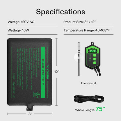 VIVOSUN Reptile Heating Pad 8x12 Inch with Thermostat Combo Under Tank Terrarium Heating Mat for Turtles, Lizards, Frogs, and Other Reptiles