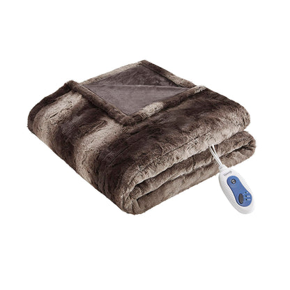 Beautyrest Zuri Reversible Faux Fur to Mink Electric Blanket, Auto Shut Off, Virtually Zero EMF, Multi Heat Setting, UL Certified, Machine Washable, Natural Marble Throw 50x70
