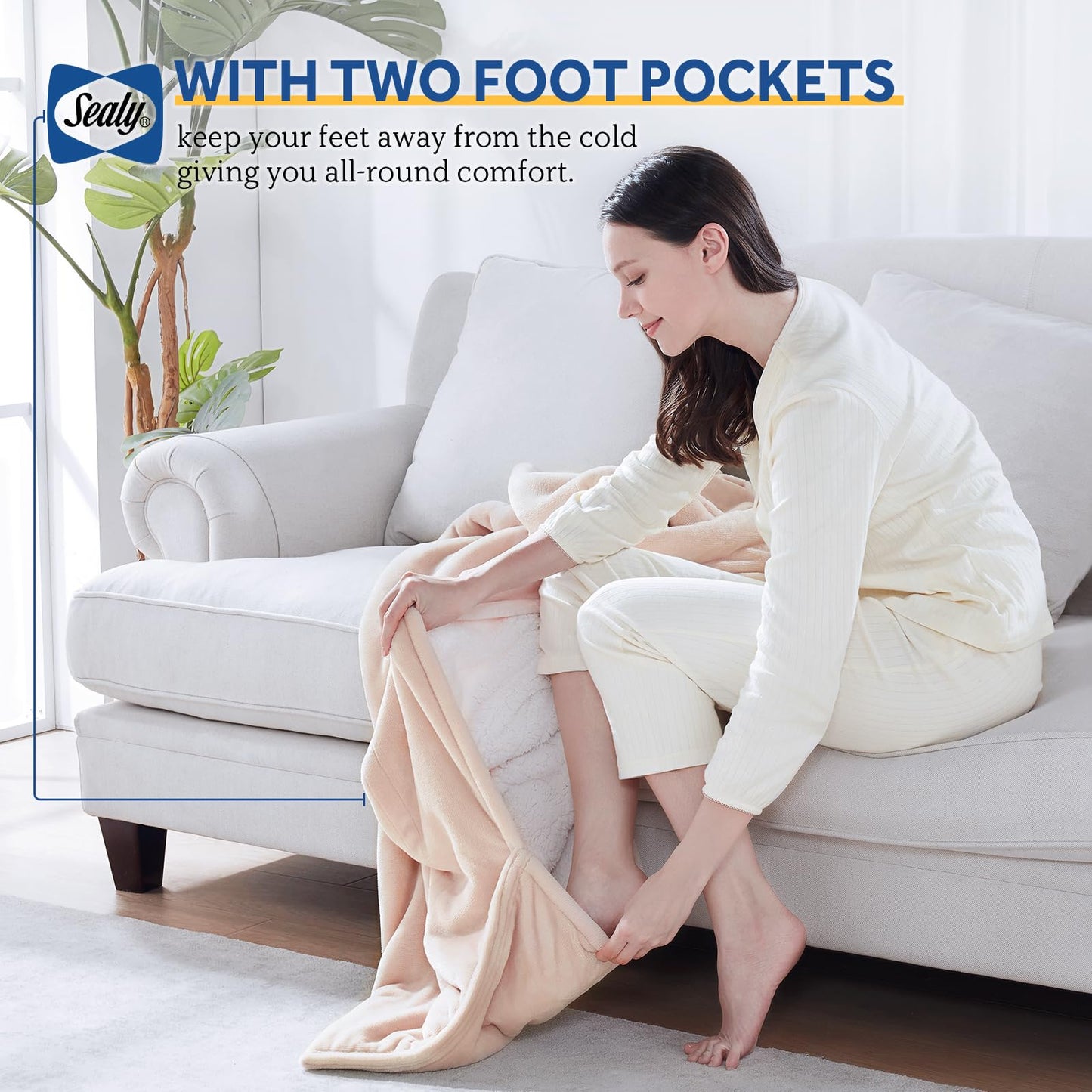 Sealy Electric Blanket with Foot Pocket for Adults, Flannel & Sherpa Heated Blanket Throw with 6 Heating Levels & 2-10 Hours Auto Shut Off, Fast Heating & Machine Washable, 50x62 Inch, Dark Grey