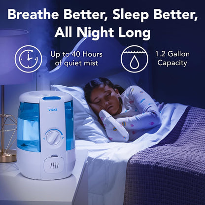 Vicks CoolRelief Cool Mist Humidifier Small to Medium Room Vaporizer for Baby, Kids, Adults, 1.2 Gal