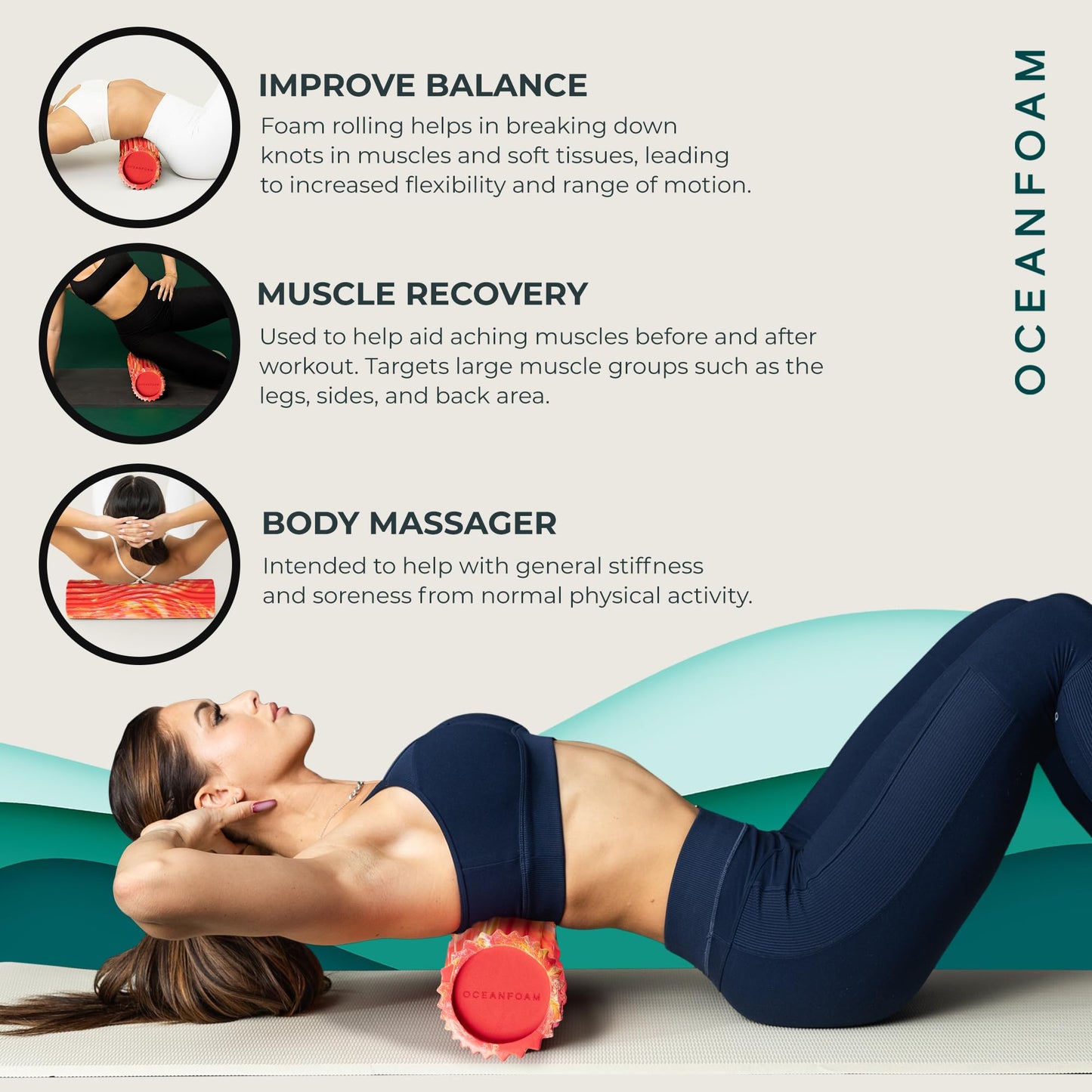 Oceanfoam Tidal Roller - Black Marbled - Muscle Massage Foam Roller for Back Pain & Stretching - Firm and Ergonomic Wide Wave Textured - Yoga, Athletics, & Wellness - Full Size, 20" x 5"