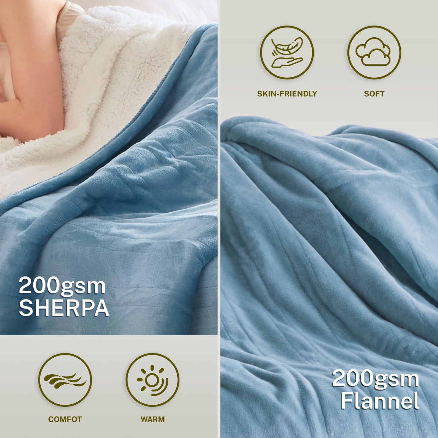 Heat Blanket 50”x60” Throw,Soft Flannel & Sherpa Reversible Electric Blanket with 10 Heat Settings,12 Timer Setting and 3 Hours Auto-Shut Off,ETL Certified Machine Washable,Light Brown