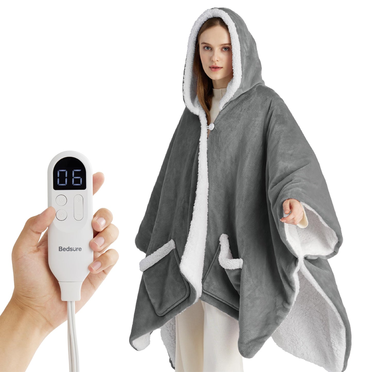 Bedsure Heated Blanket Wearable Shawl - Electric Wrap Poncho Blanket Hoodie for Adult, Birthday Gifts for Mom Women, Sherpa Heating Throw with 4 Time Settings & 6 Heat Settings, 55x64 inches, Grey