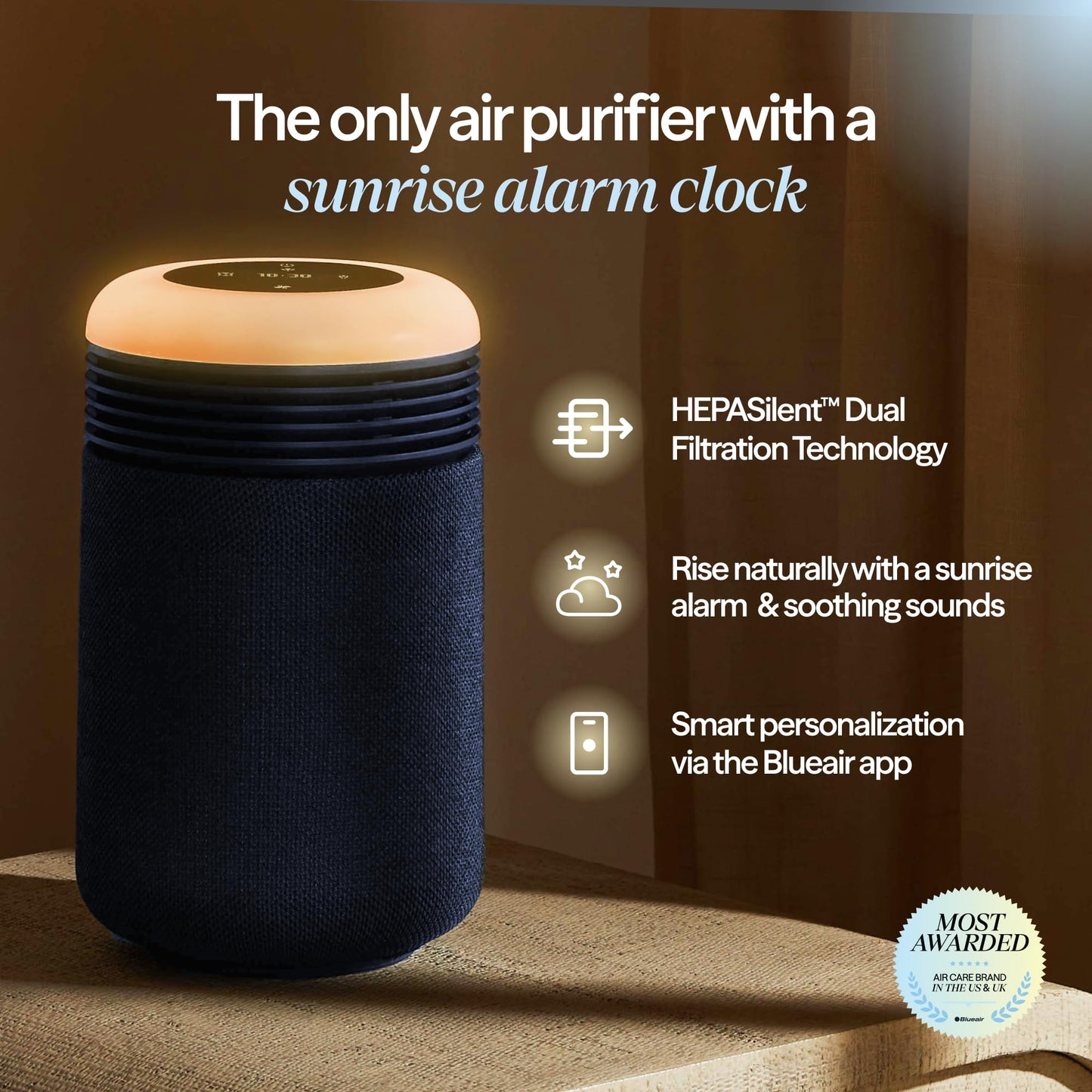 BLUEAIR Purifier for Bedroom - Mini Restful - Sunrise Clock with HEPASilent Filtration and Wake Up Light - Cleans Air and Supports Circadian Rhythm - USB-C and App Connectivity
