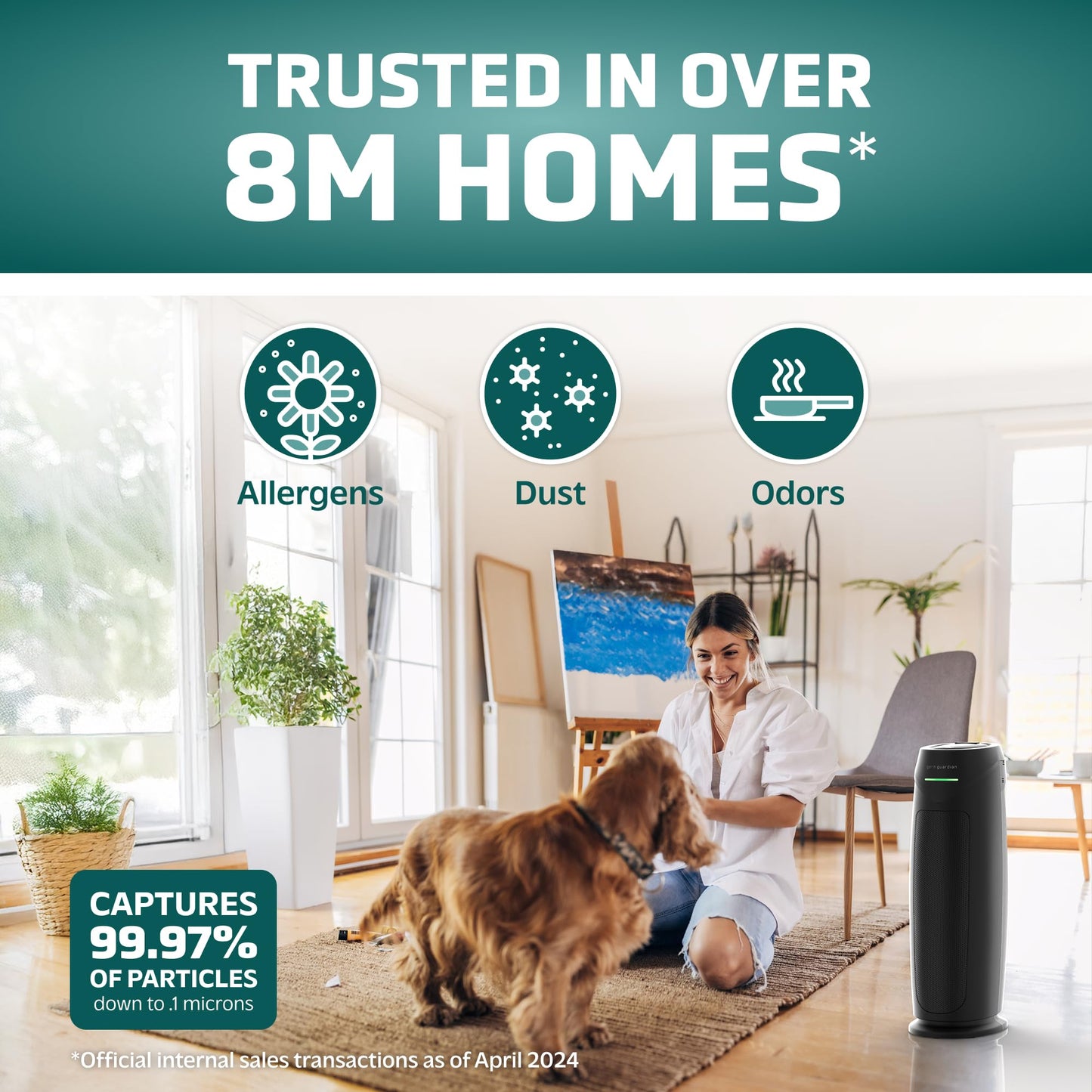 GermGuardian 4-In-1 HEPA Air Purifier for Home, Large Rooms Up To 743 Sq. Ft. with HEPA Air Filter, UV-C Light & Odor Reduction, AC4825E, 22" Tower, Gray