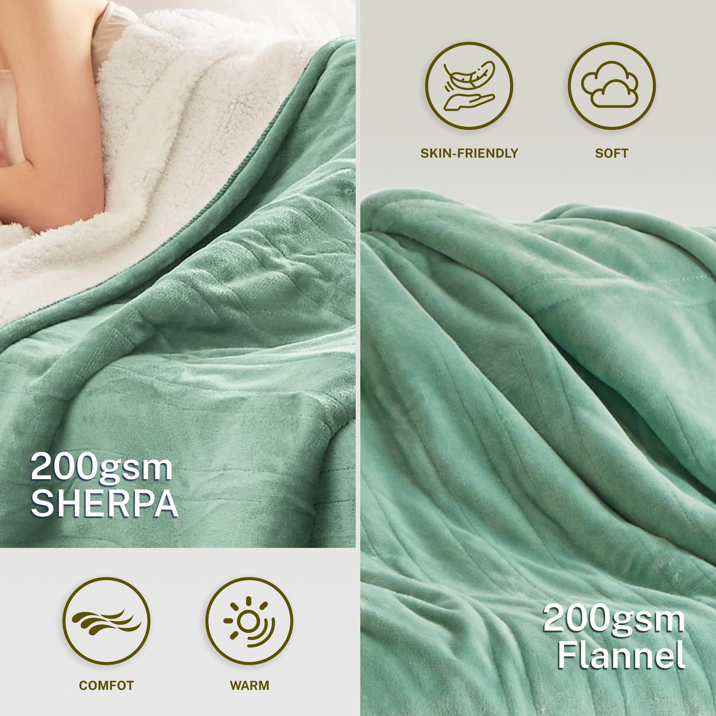 Heat Blanket 50”x60” Throw,Soft Flannel & Sherpa Reversible Electric Blanket with 10 Heat Settings,12 Timer Setting and 3 Hours Auto-Shut Off,ETL Certified Machine Washable,Light Brown