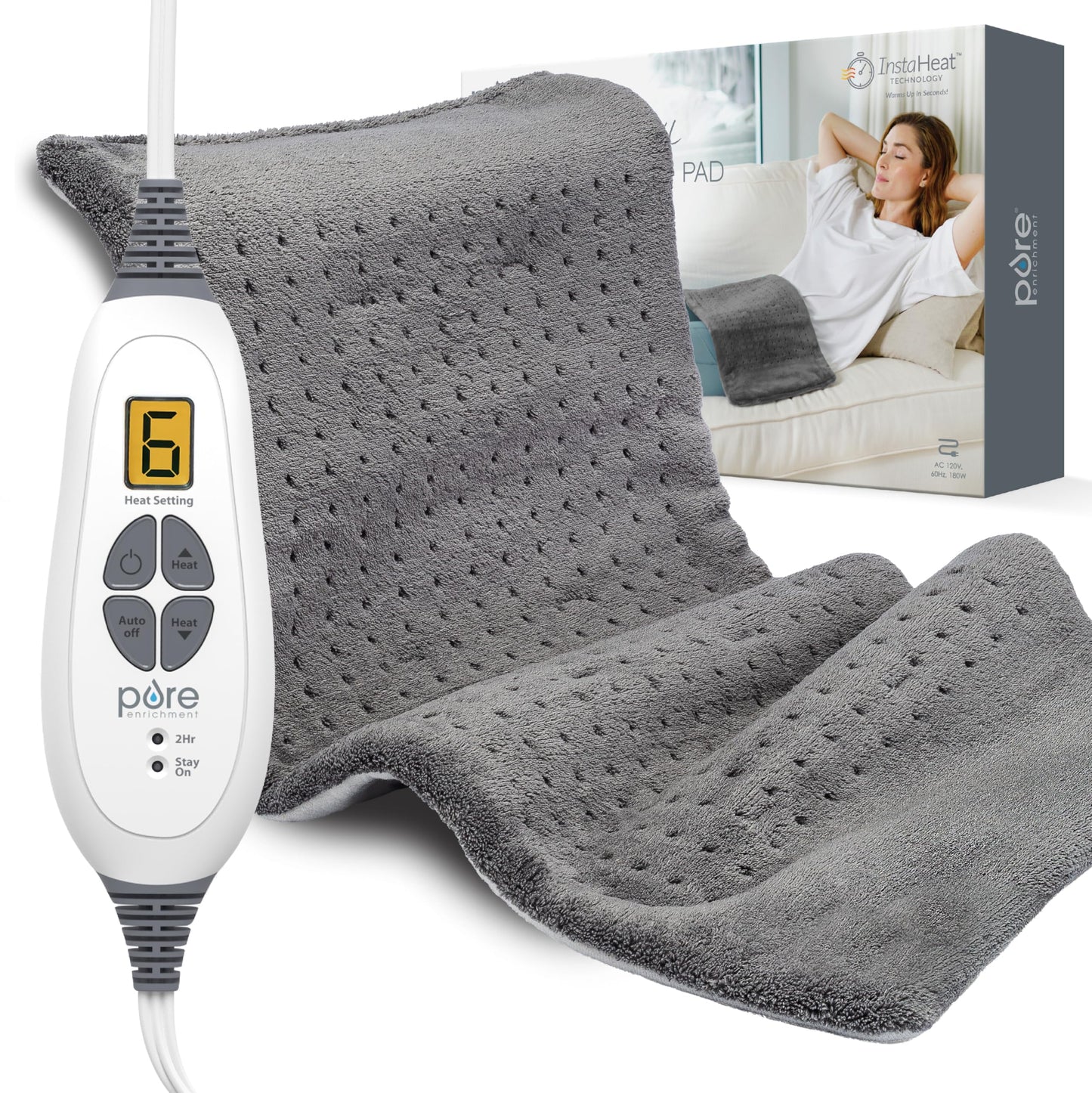 Pure Enrichment PureRelief XL Heating Pad - 12" x 24" Electric Heating Pad for Back Pain & Cramps, 6 Heat Settings, FSA/HSA Eligible, Soft Machine Wash Fabric, Auto-Off & Moist Heat (Zen Green)